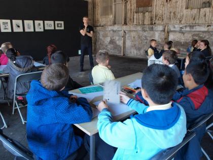 Young EVA workshop with artist Garrett Phelan in Cleeves Factory, EVA International 2014. Photograph Katy Fitzpatrick.