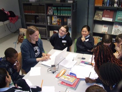 Michelle working with the children in the theatre