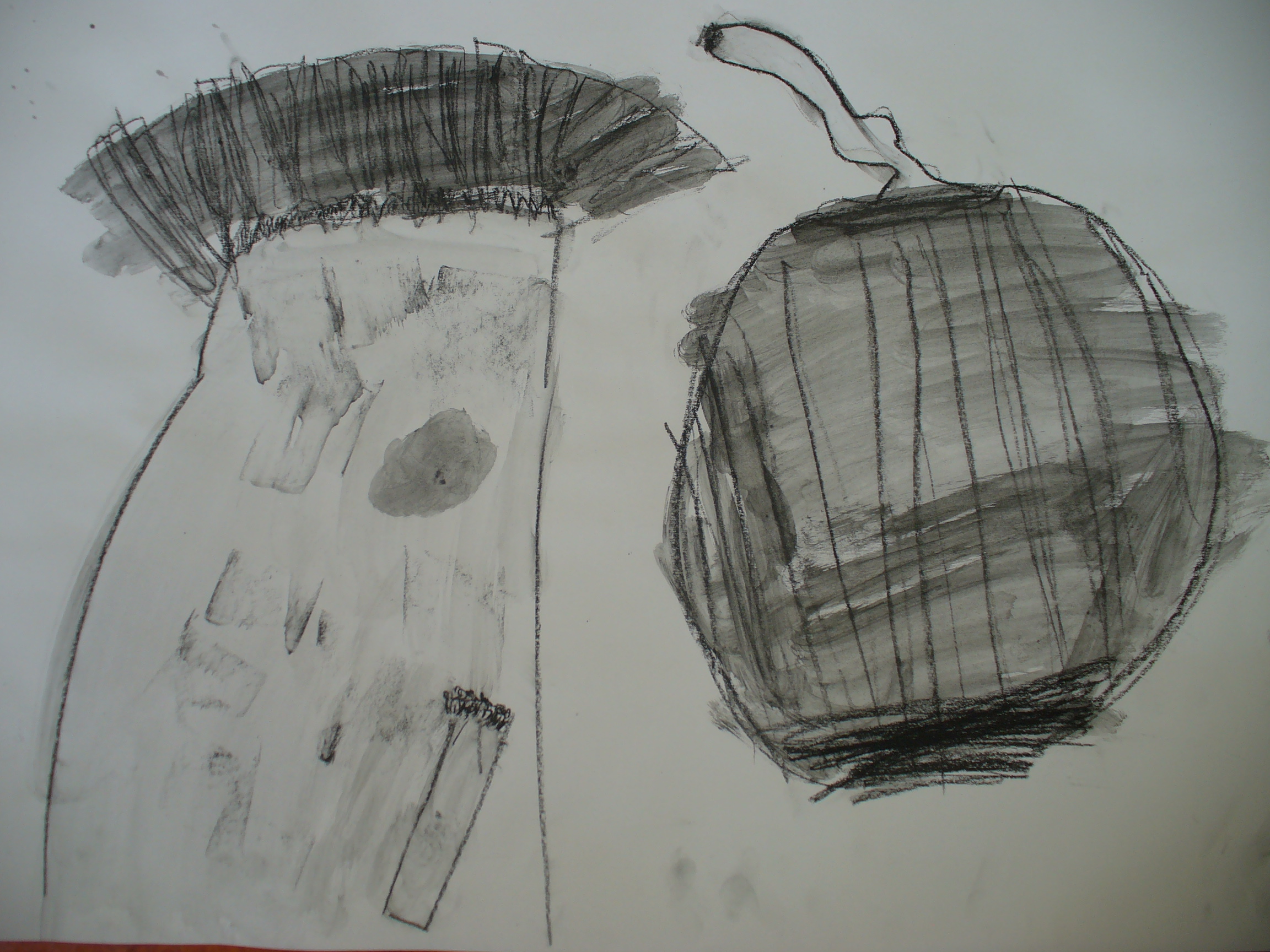 Compressed charcoal and water drawings by younger class